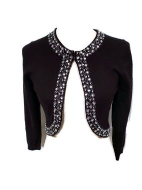 TIBI SWEATER CARDIGAN SHRUG CROPPED BLACK BEADED SILVER Size S SMALL